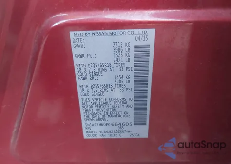 2015 Nissan Pathfinder S from USA, damaged, VIN 5N1AR2MN0FC664605
